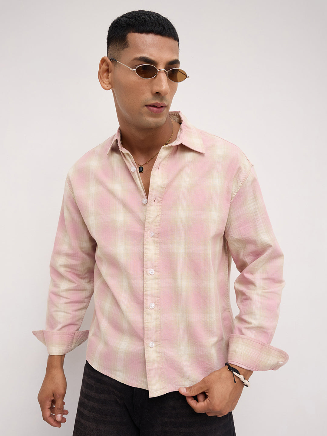 Blush Pink Block Checks Boxy Fit Crop Shirt