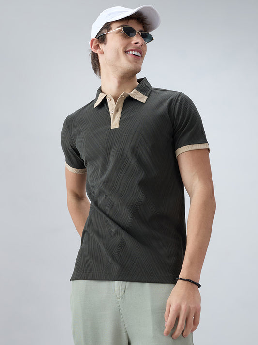 Deep Olive Contrast Polo Neck T-shirt