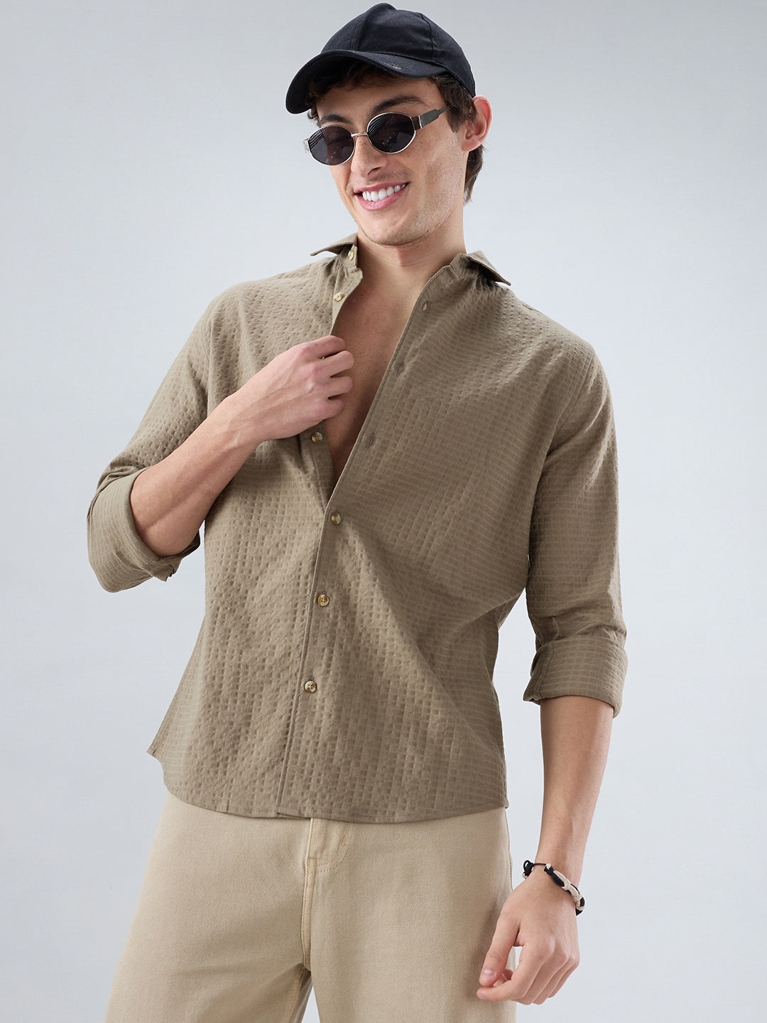 Soft Olive Box Textured Weave Double Cloth Shirt