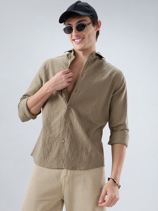 Soft Olive Box Textured Weave Double Cloth Shirt