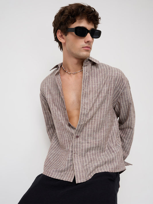 Brown & Ivory Striped Boxy Fit Crop Shirt
