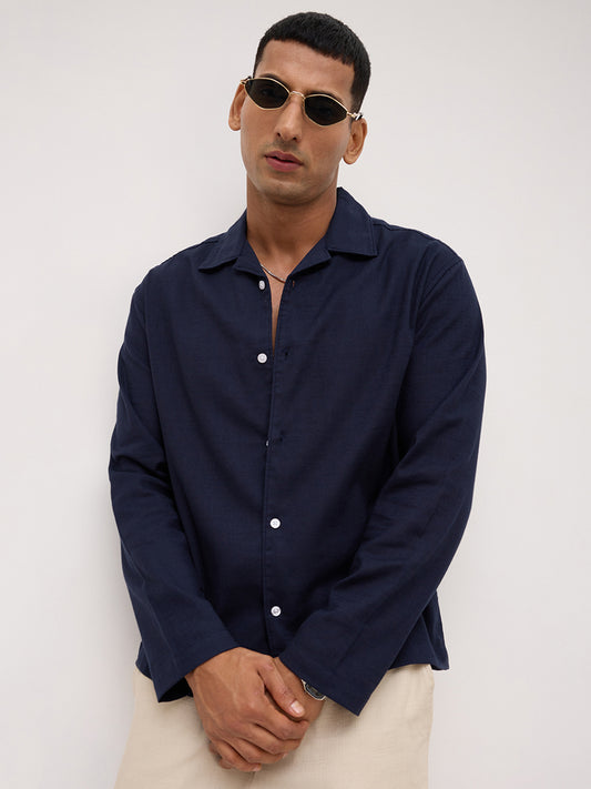 Elite Navy Slub Textured Oversized Notch Collar Shirt