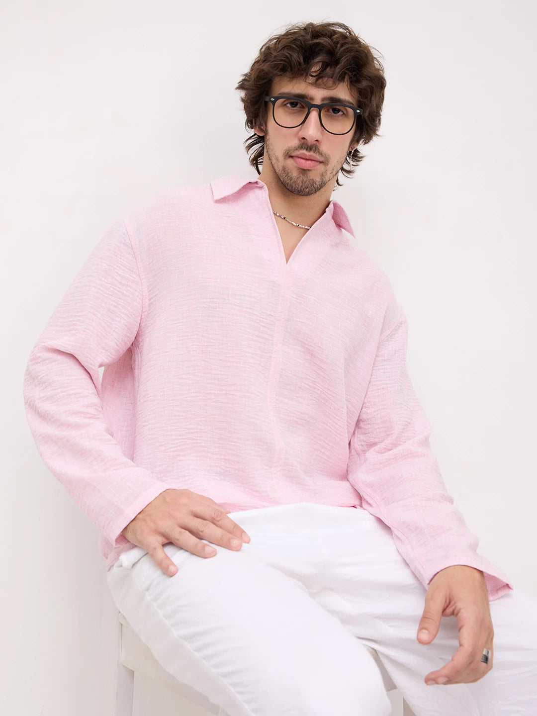 Soft Pink Fine Textured Center Seam Oversized Shirt