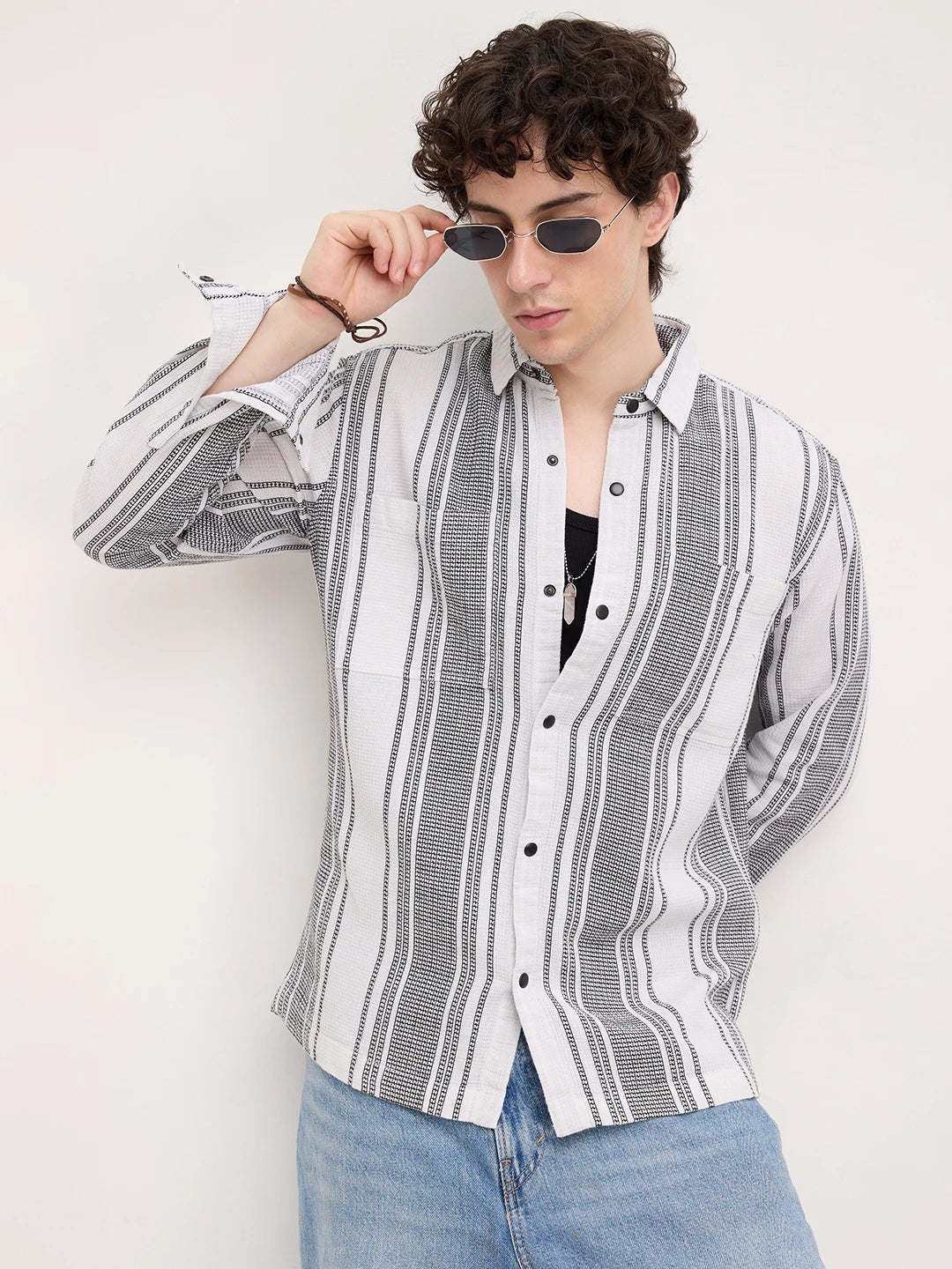 Refined White Double Pocket Waffle Striped Shirt