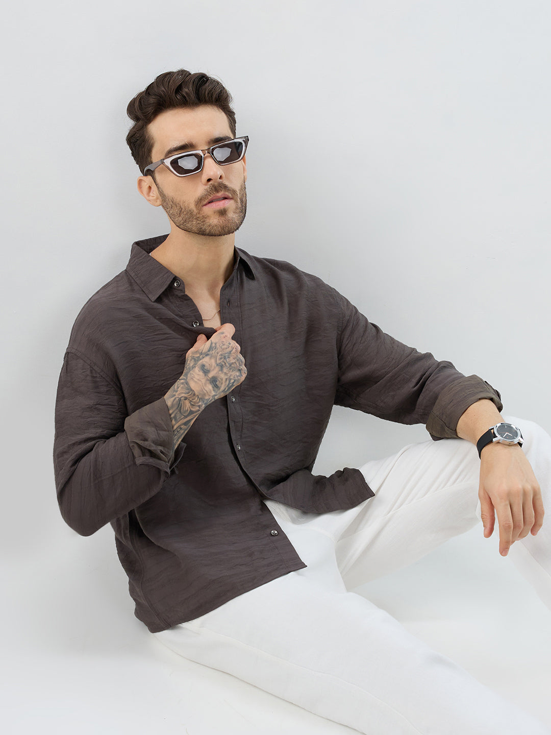 Rustic Brown Horizontal Textured Boxy Fit Crop Shirt