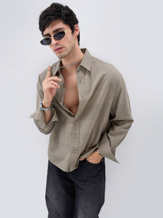 Olive Horizontal Striped Boxy Fit Crop Shirt