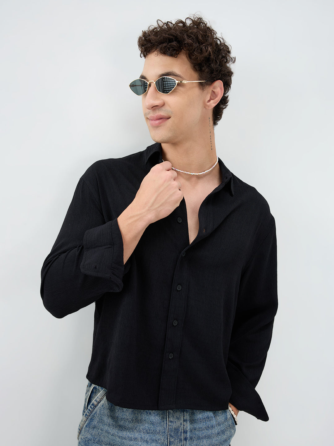 Classic Black Slub Textured Fine Weave Boxy Fit Crop Shirt