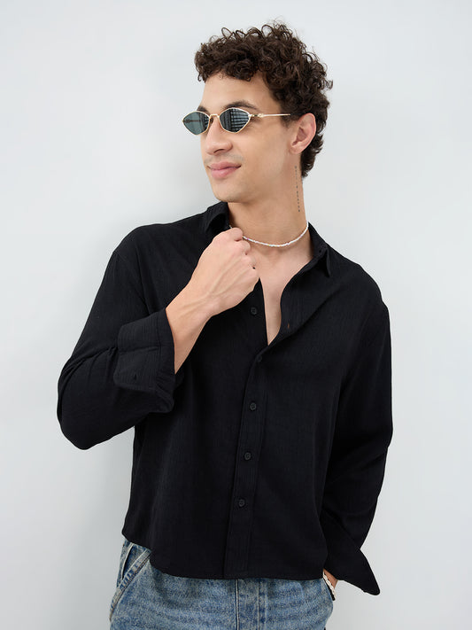 Classic Black Slub Textured Fine Weave Boxy Fit Crop Shirt