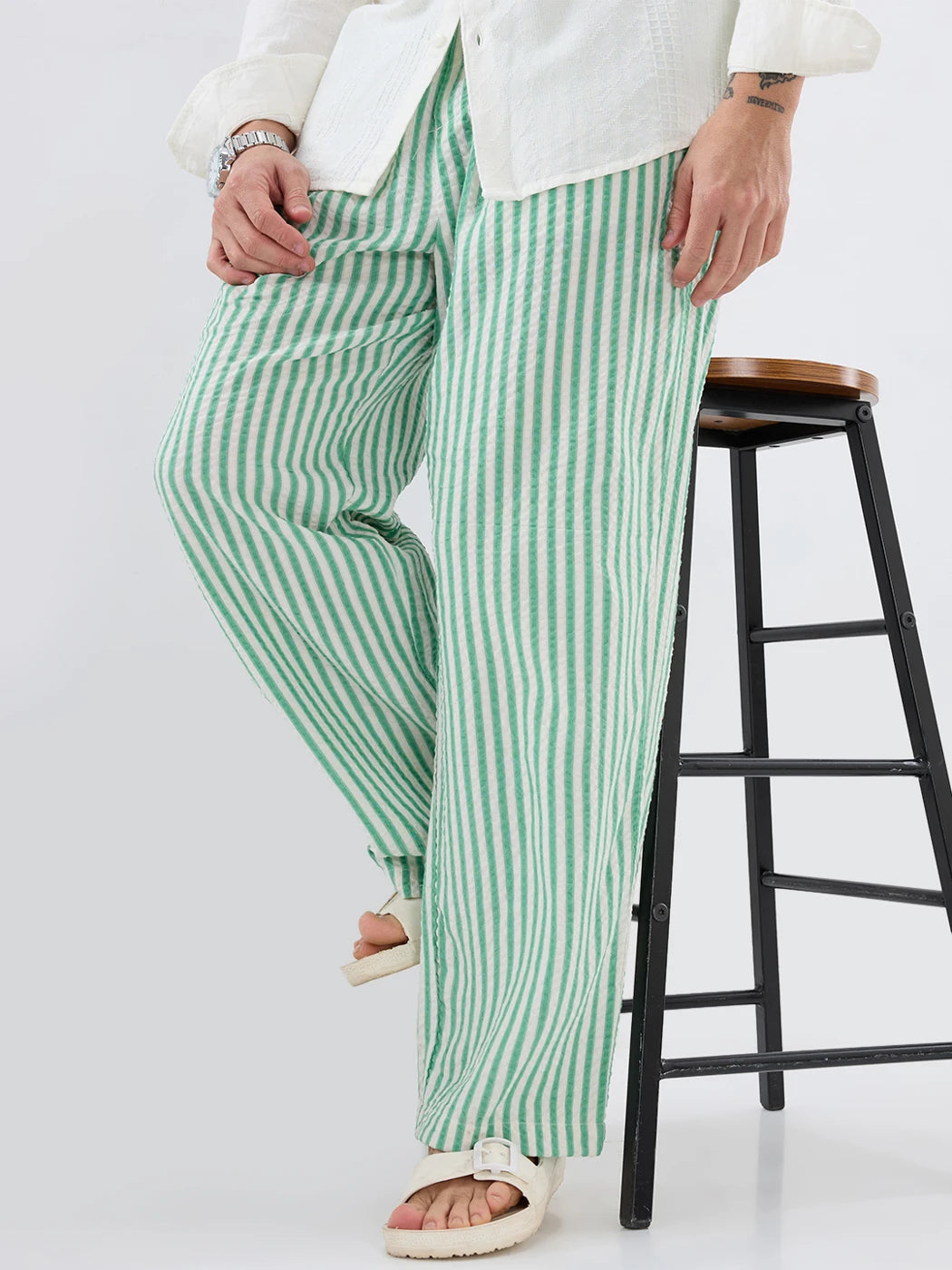 Jade Green Seersucker Candy Striped Straight Fit Trousers
