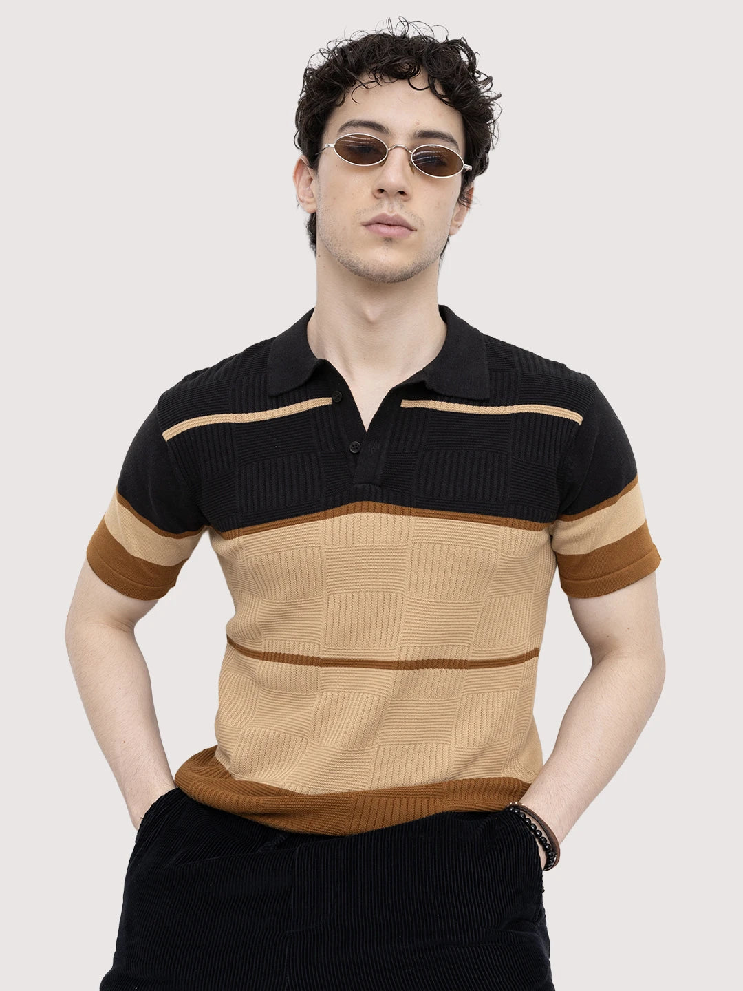 Sandstone Geometric Textured Knit Polo T-Shirt