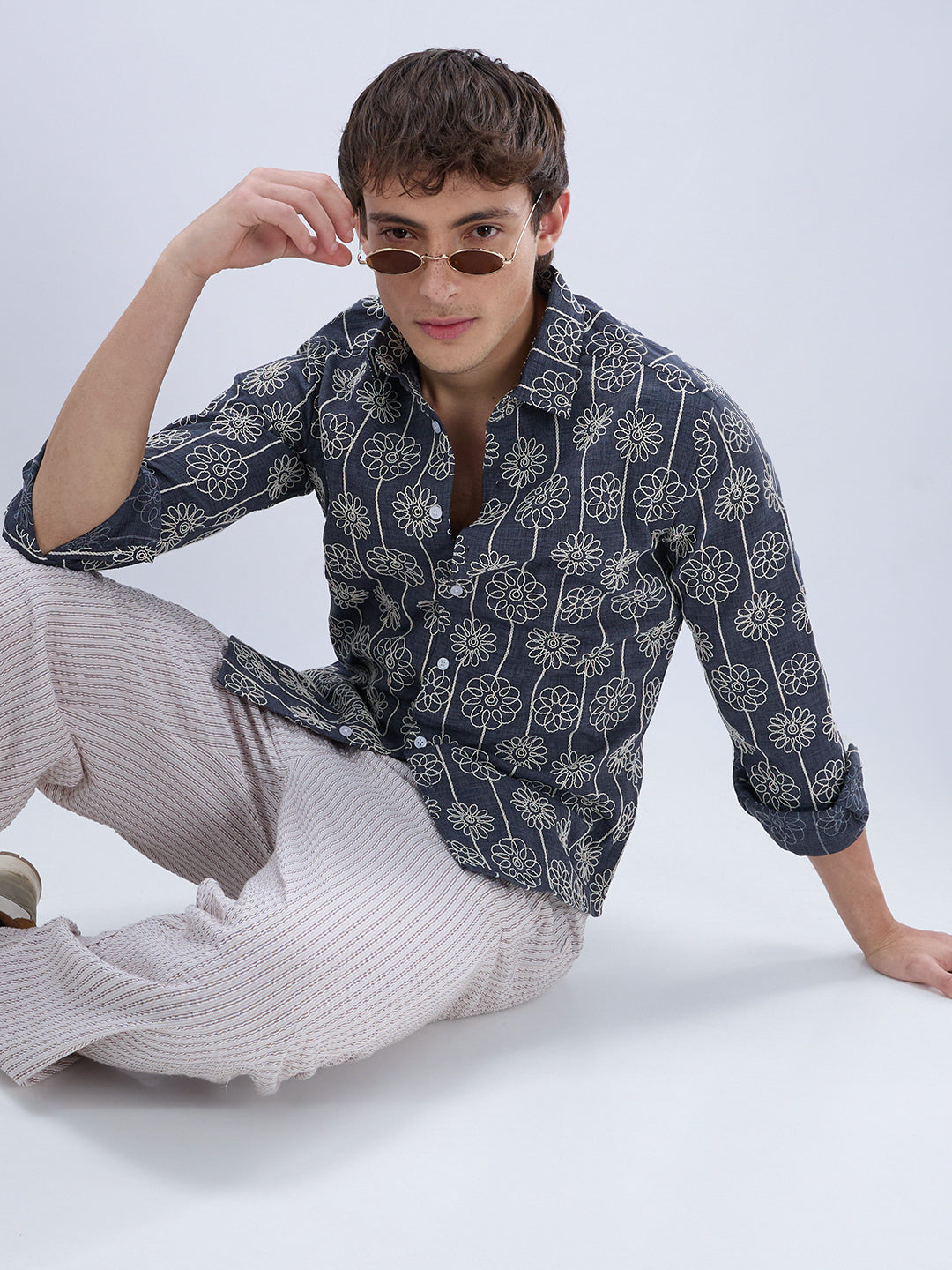 Anchor Grey Floral Embroidered Slub Shirt