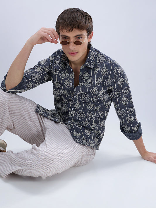 Anchor Grey Floral Embroidered Slub Shirt