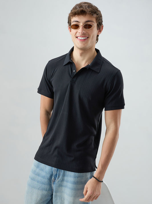 Refined Black Hairline Striped Polo Knit T-Shirt