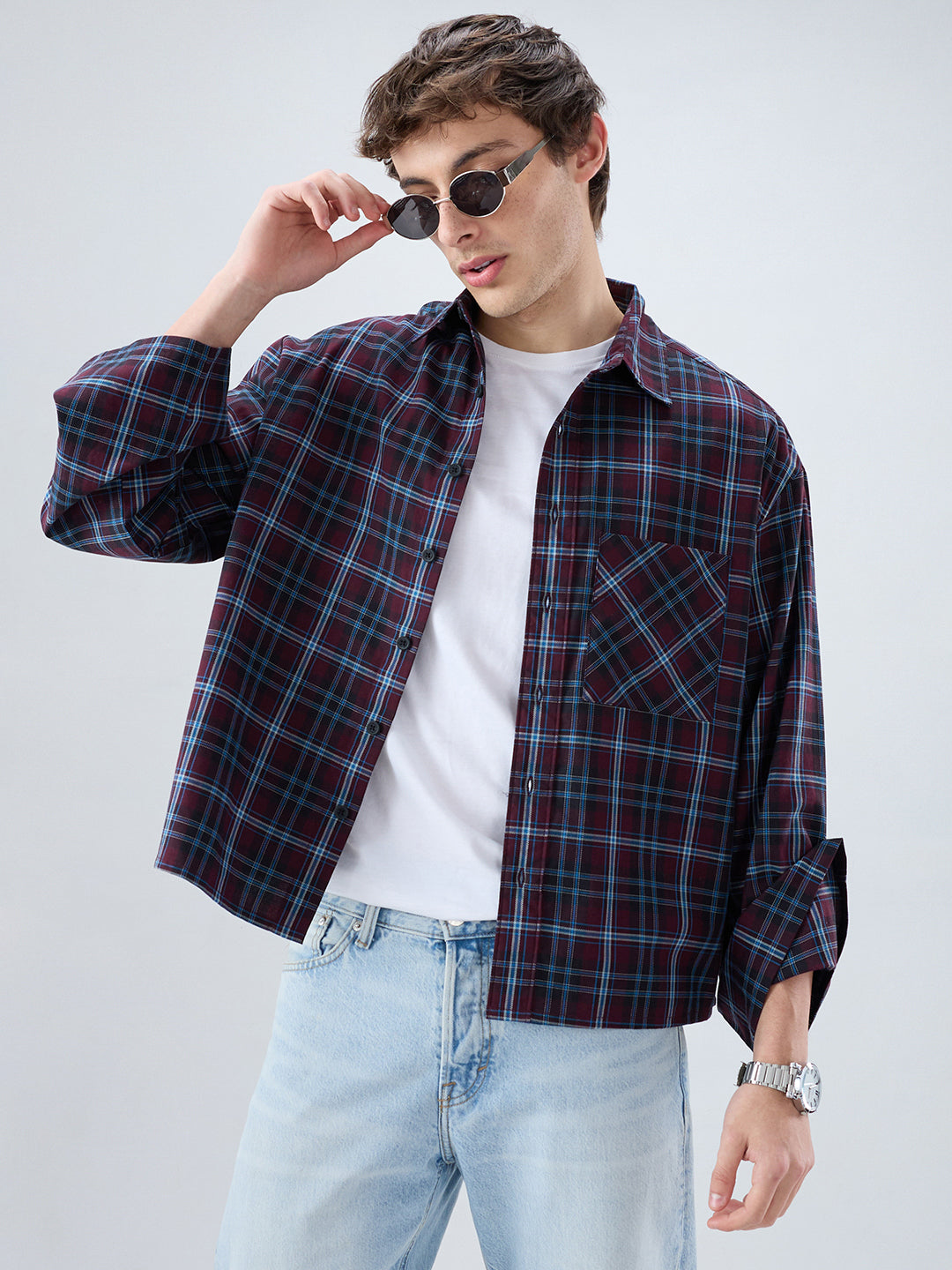 Brown & Blue Plaid Checks Cuffless Oversized Crop Shirt
