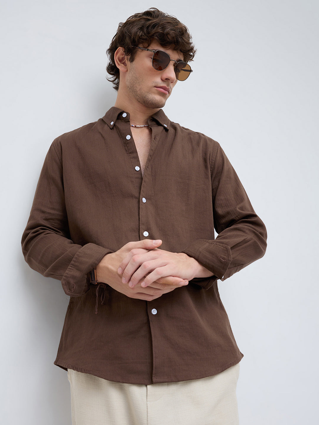 Coffee Brown Herringbone Textured Button-Down Shirt