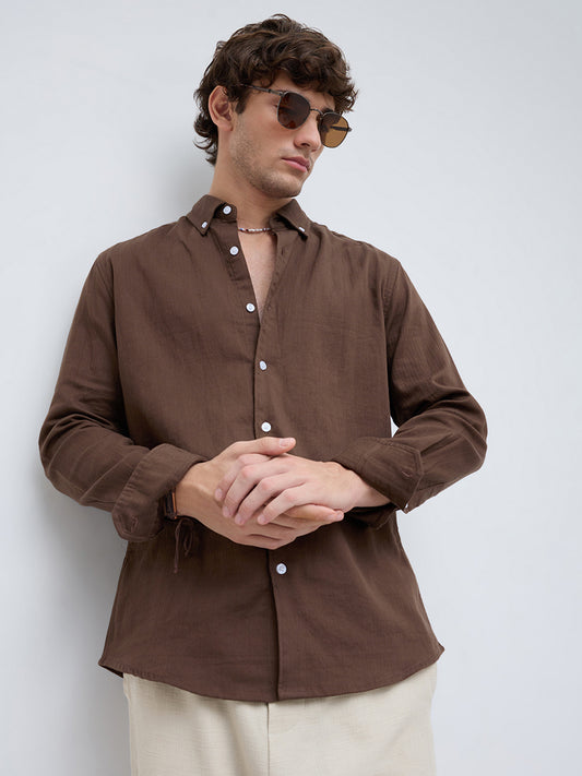 Coffee Brown Herringbone Textured Button-Down Shirt