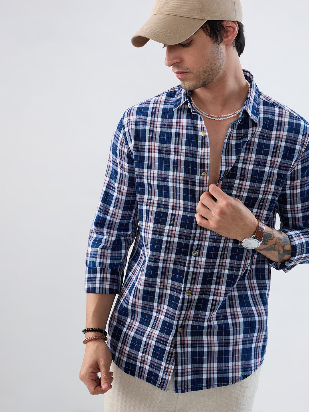 Denim White & Navy Herringbone Plaid Checks Shirt