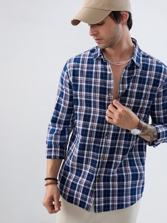 Denim White & Navy Herringbone Plaid Checks Shirt
