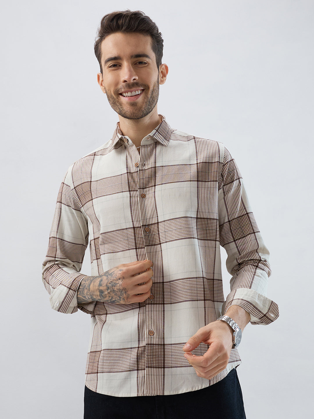 Off White & Brown Checkered Shirt
