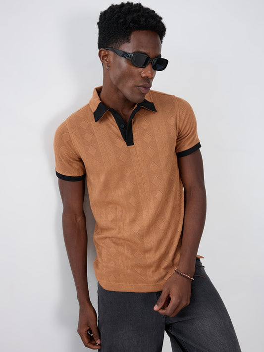 Warm Brown Diamond Weave Contrast Polo Knit T-shirt