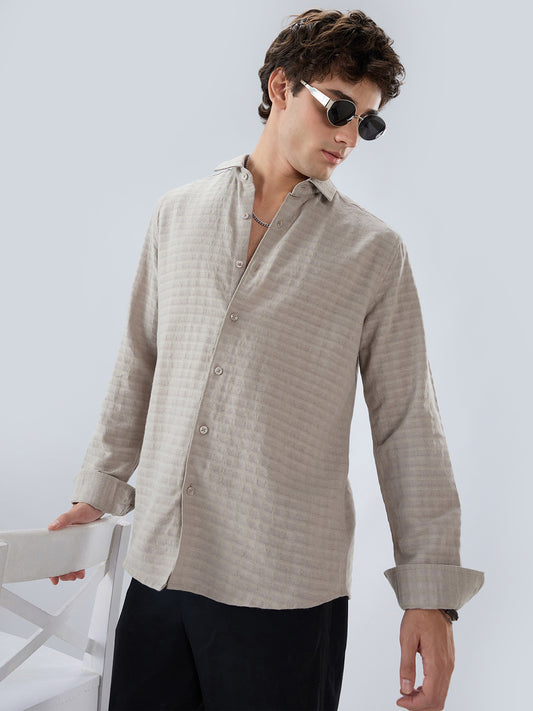 Grey Horizontal Striped Textured Shirt