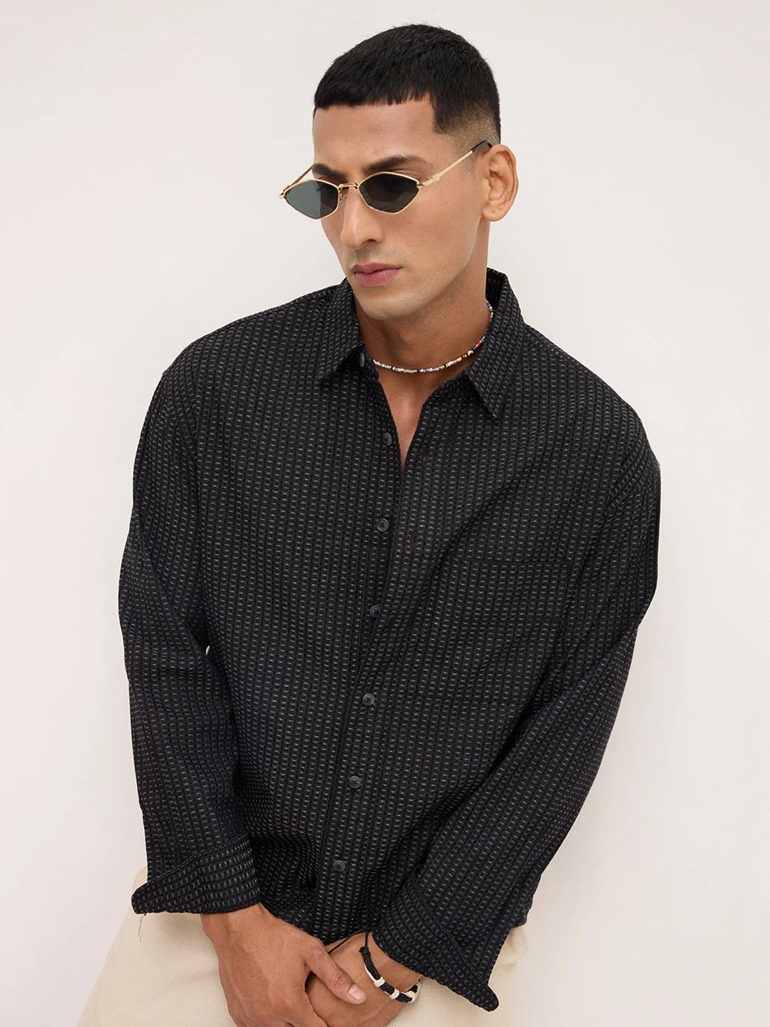 Denim Black Windowpane Textured Boxy Fit Crop Shirt