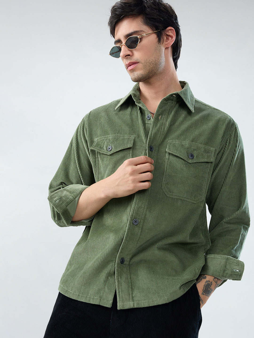 Green Mossline Structured Corduroy Double Pocket Overshirt