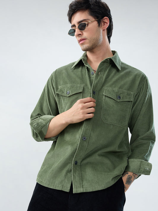 Green Mossline Structured Corduroy Double Pocket Overshirt
