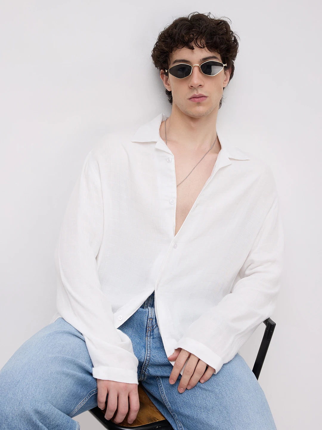 Cloud White Square Weave Double Cloth Notch Collar Oversized Shirt