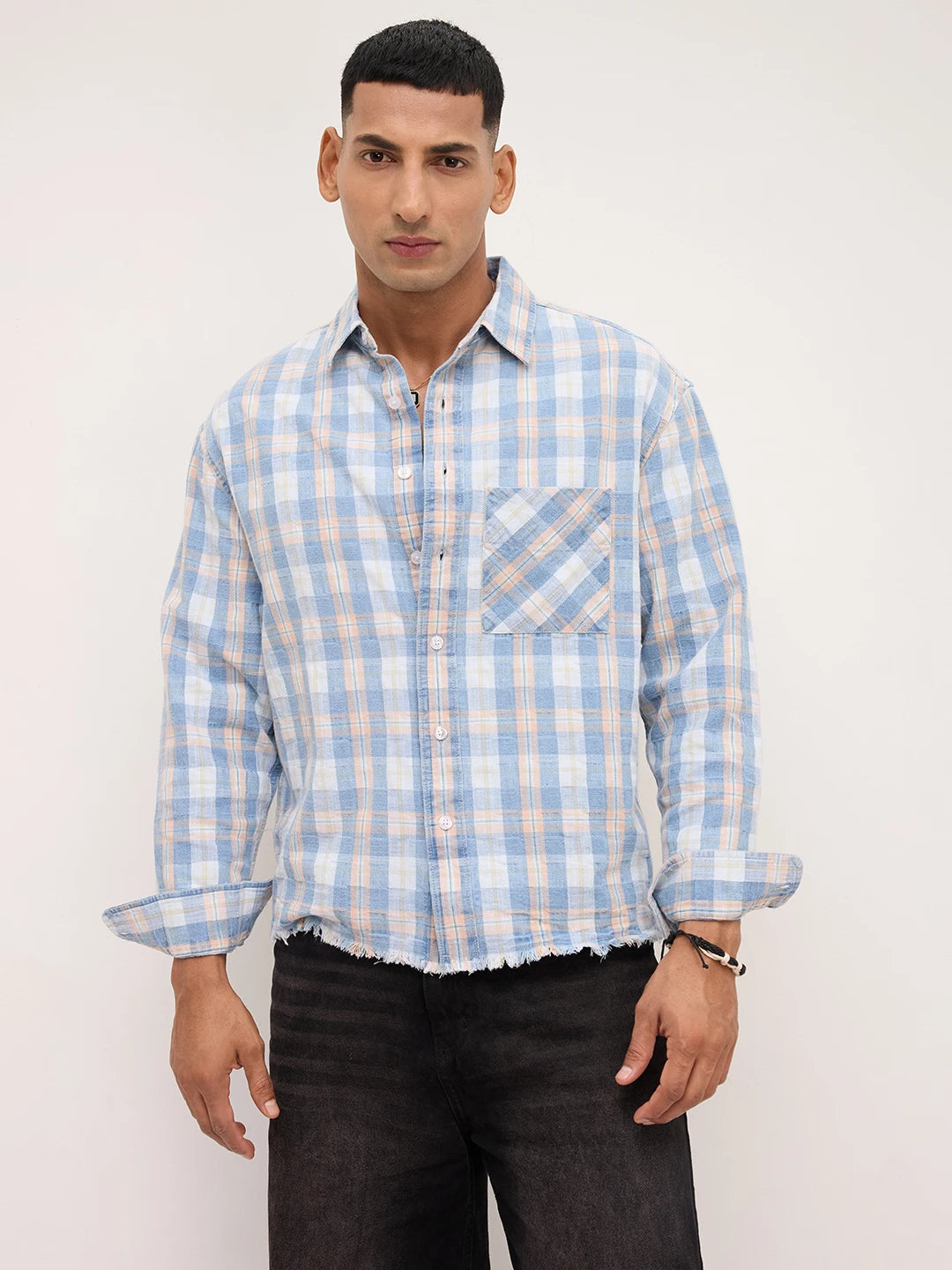 Distressed Hem Denim Blue & Peach Checks Boxy Fit Crop Shirt