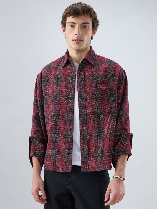 Silsila Shaam Glossy Maroon Textured Oversized Crop Shirt