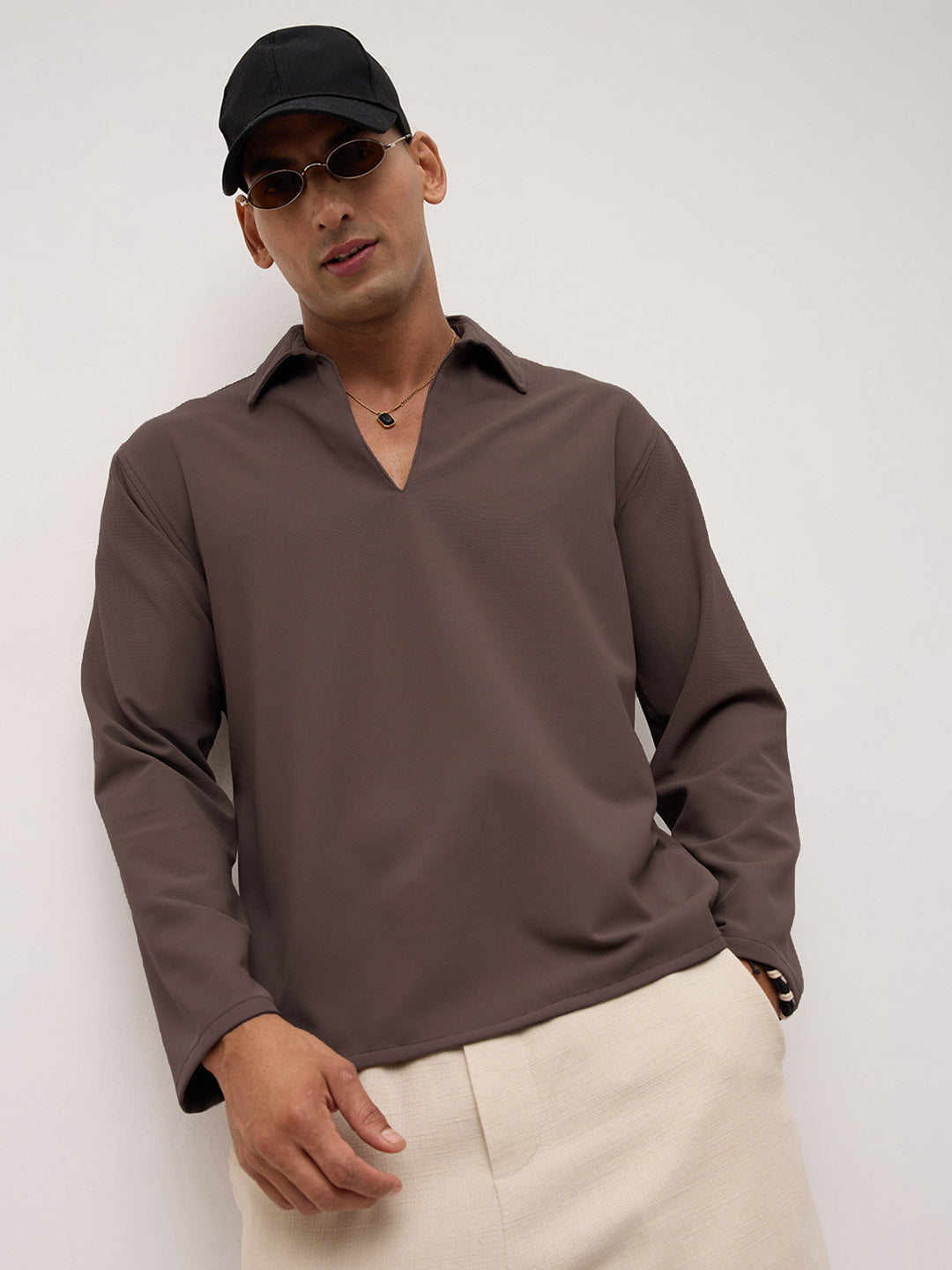 Saddle Brown Oversized Polo Tencel Knit Shirt