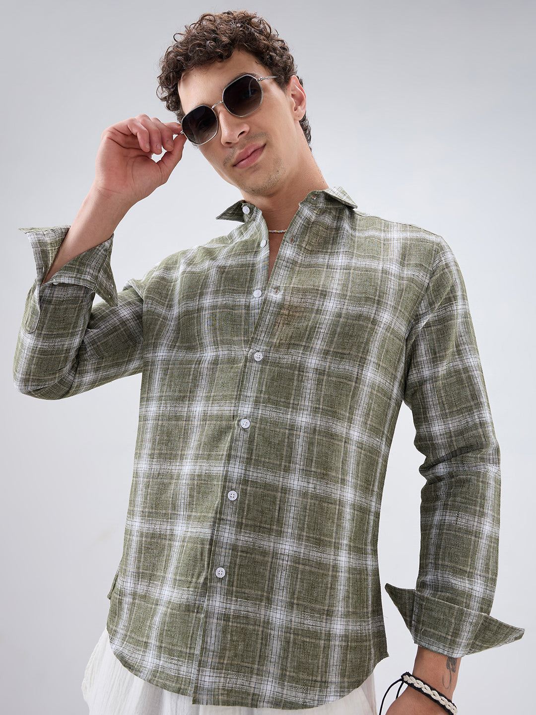Olive Abstract Grid Checks Textured Shirt