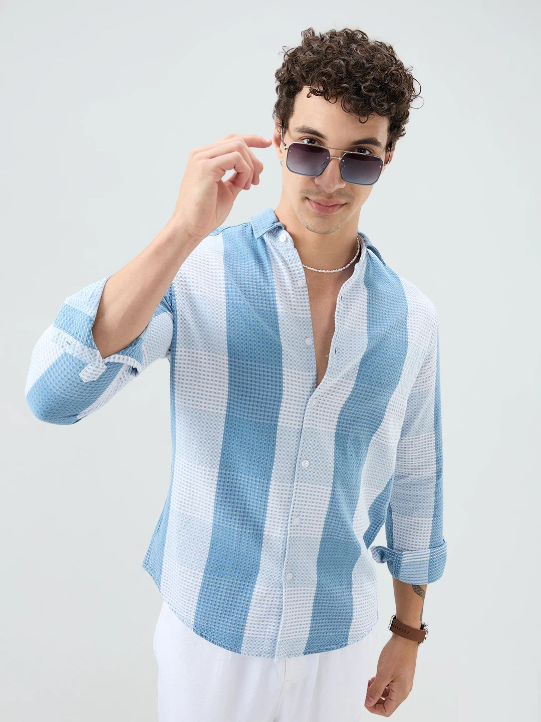 Denim Blue & White Micro Striped Weave Striped Shirt