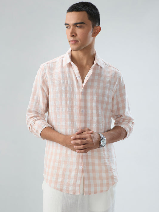 Soft Pastel Peach Box Checks Crinkled Shirt