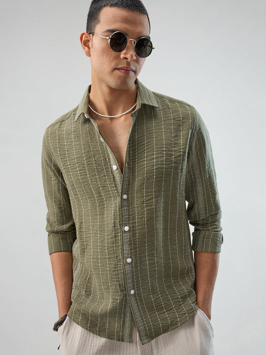 Olive Striped Crinkled Shirt