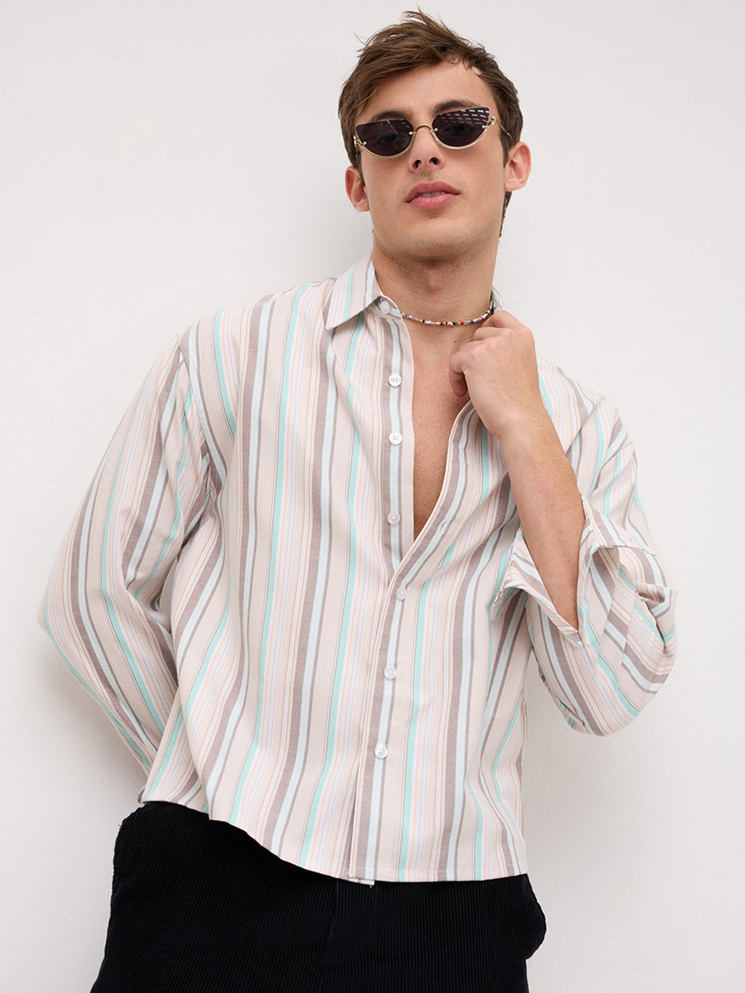 Sunwashed Multi Stripe Weave Boxy Fit Crop Shirt