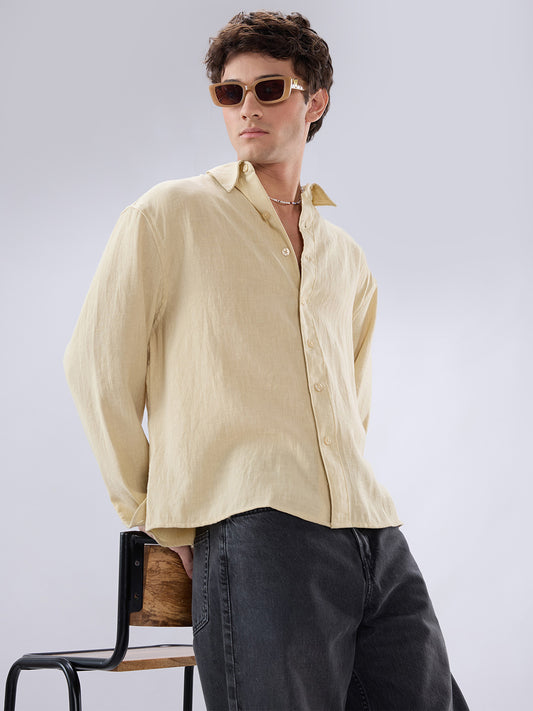 Sunwash Beige Slub Textured Boxy Fit Crop Shirt