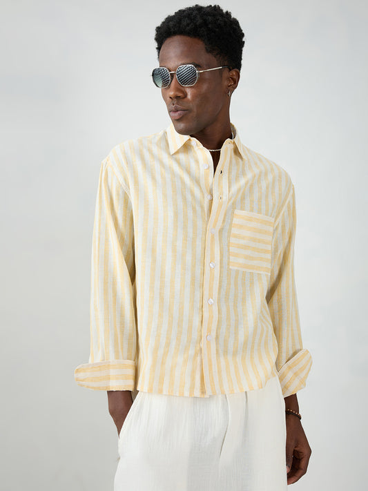 White & Yellow Balanced Striped Boxy Fit Crop Shirt