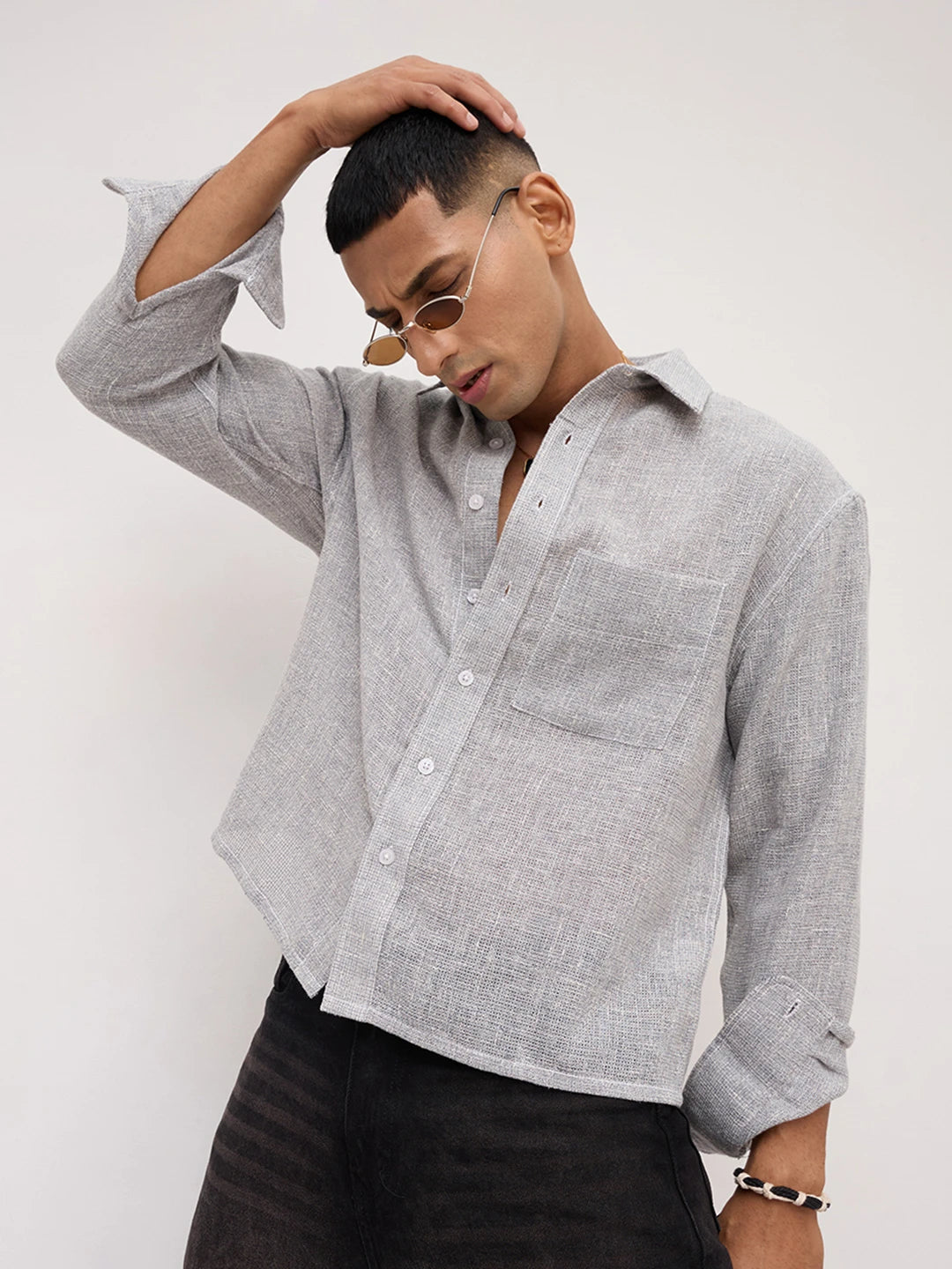 Frost Grey Crosshatch Grid Textured Boxy Fit Crop Shirt