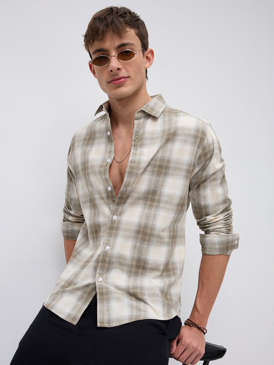 Premium Saddle Brown & White Plaid Linen Blend Checks Shirt