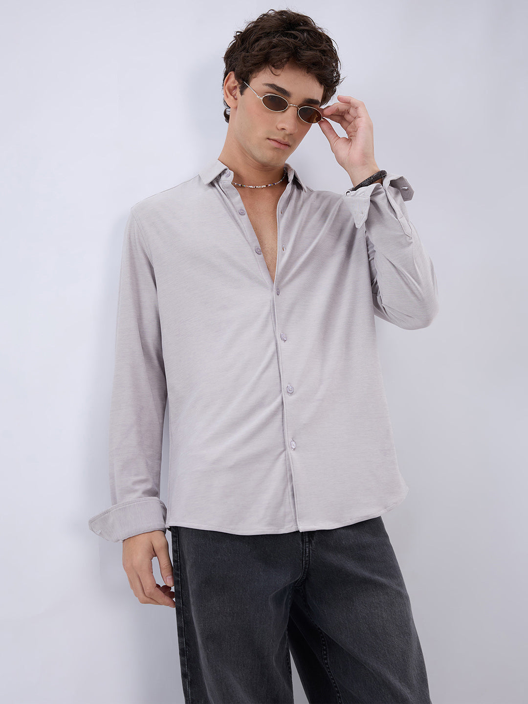 Classic Solid Plush Grey Knitted Shirt