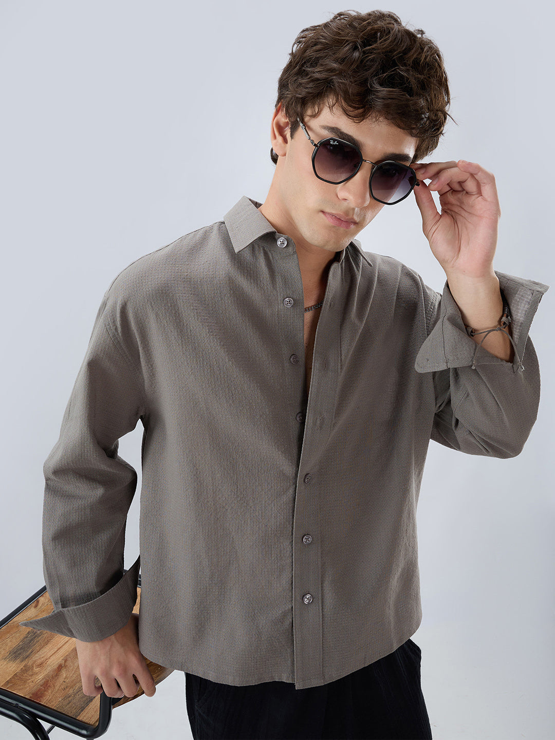 Ash Grey Micro Checked Weave Boxy Fit Crop Shirt