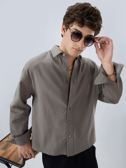 Ash Grey Micro Checked Weave Boxy Fit Crop Shirt