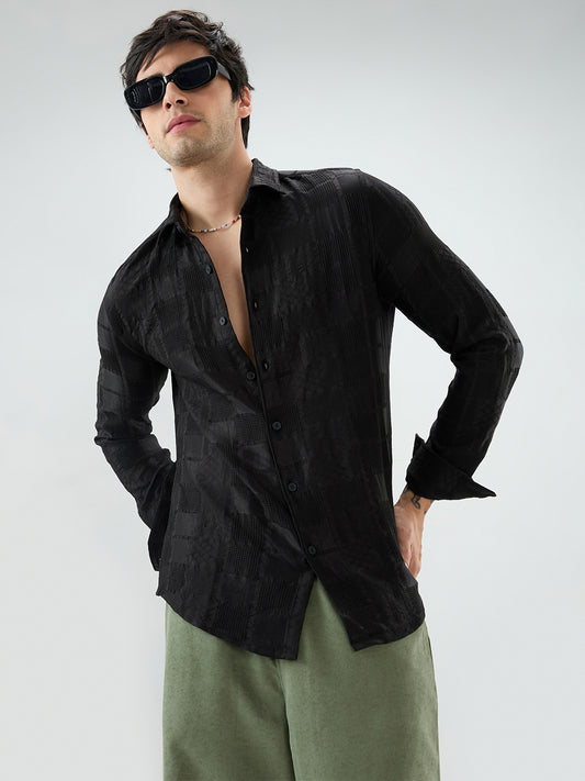 Jet Black Block Checks Motif Embossed Textured Shirt