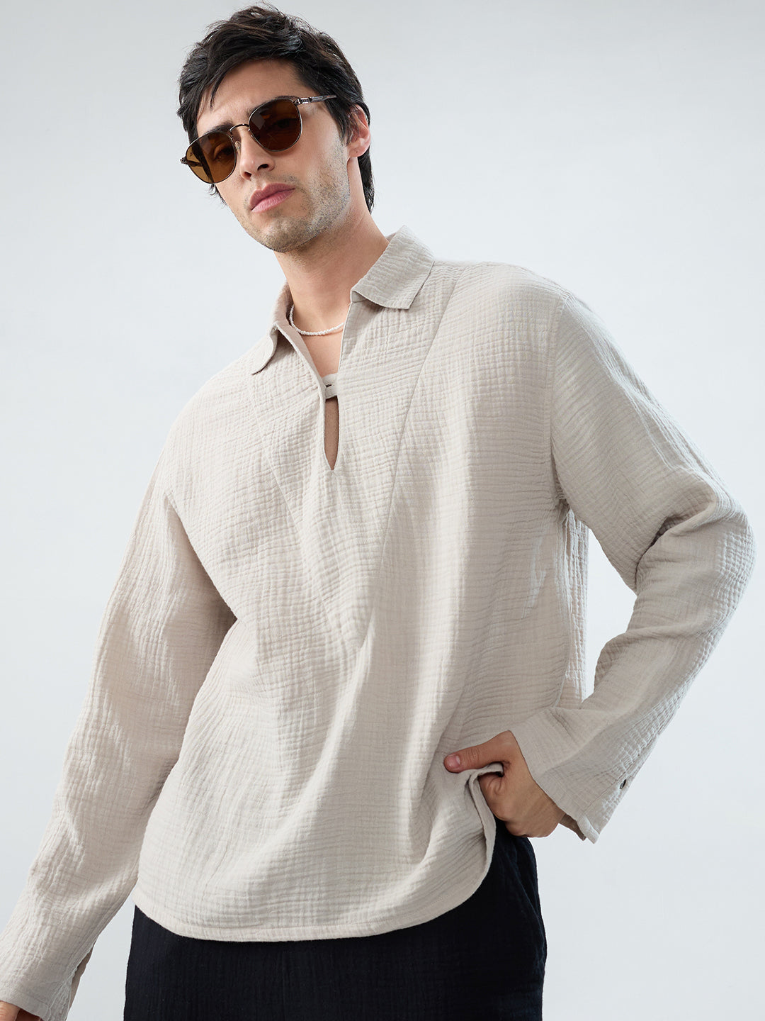 Cloud Grey Cuffless Double Cloth Oversized Shirt