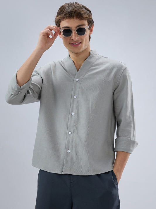 Plush Grey Diagonal Textured Stand Collar Oversized Shirt