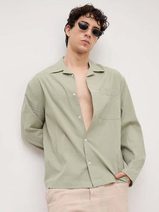 Pistachio Green Fine Textured Notch Collar Oversized Shirt