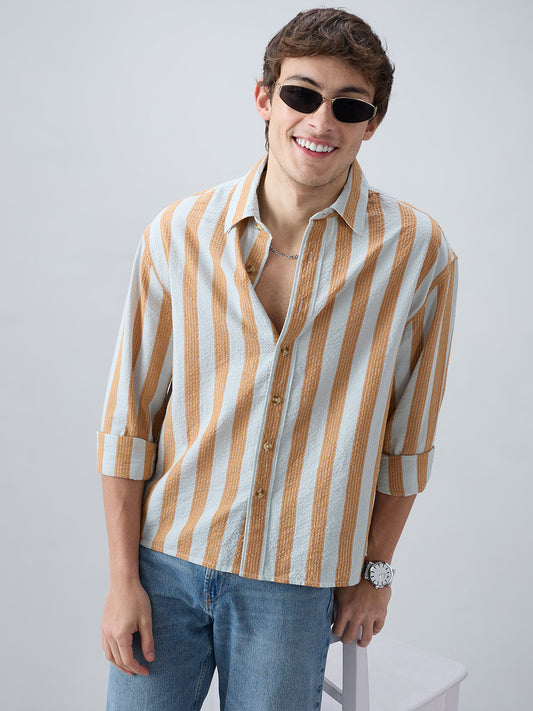 Orange & Blue Seersucker Awning Stripe Boxy Fit Crop Shirt