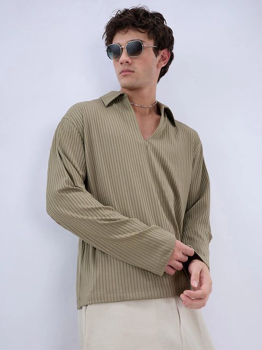 Olive Dual Weave Striped Oversized Polo Knit Shirt